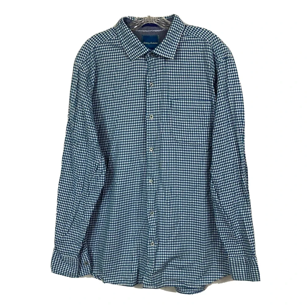 Tommy Bahama Shirt Mens Sz‎ XL Blue White Woven Cotton Button Up Pocket